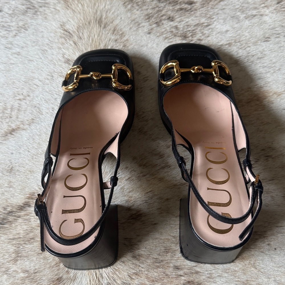 Gucci 37 7 Black Leather Gold Horsebit Mark Jane Pumps Heels Slingback with Box - Picture 4 of 16